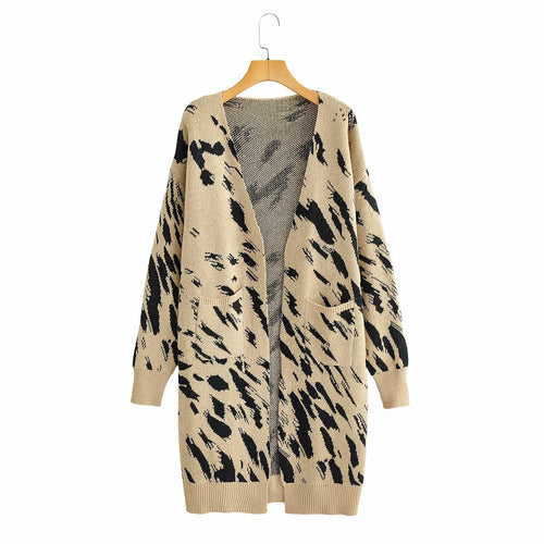 Damen Grobstrick-Cardigan mit modischem Leopardenmuster und praktischen Taschen Drune