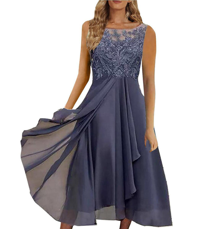 Damen nan ärmelloses Chiffon-Midikleid mit bestickter Illusionsspitze, Schiff-Ausschnitt und mehrlagigem Schwingrock Drune