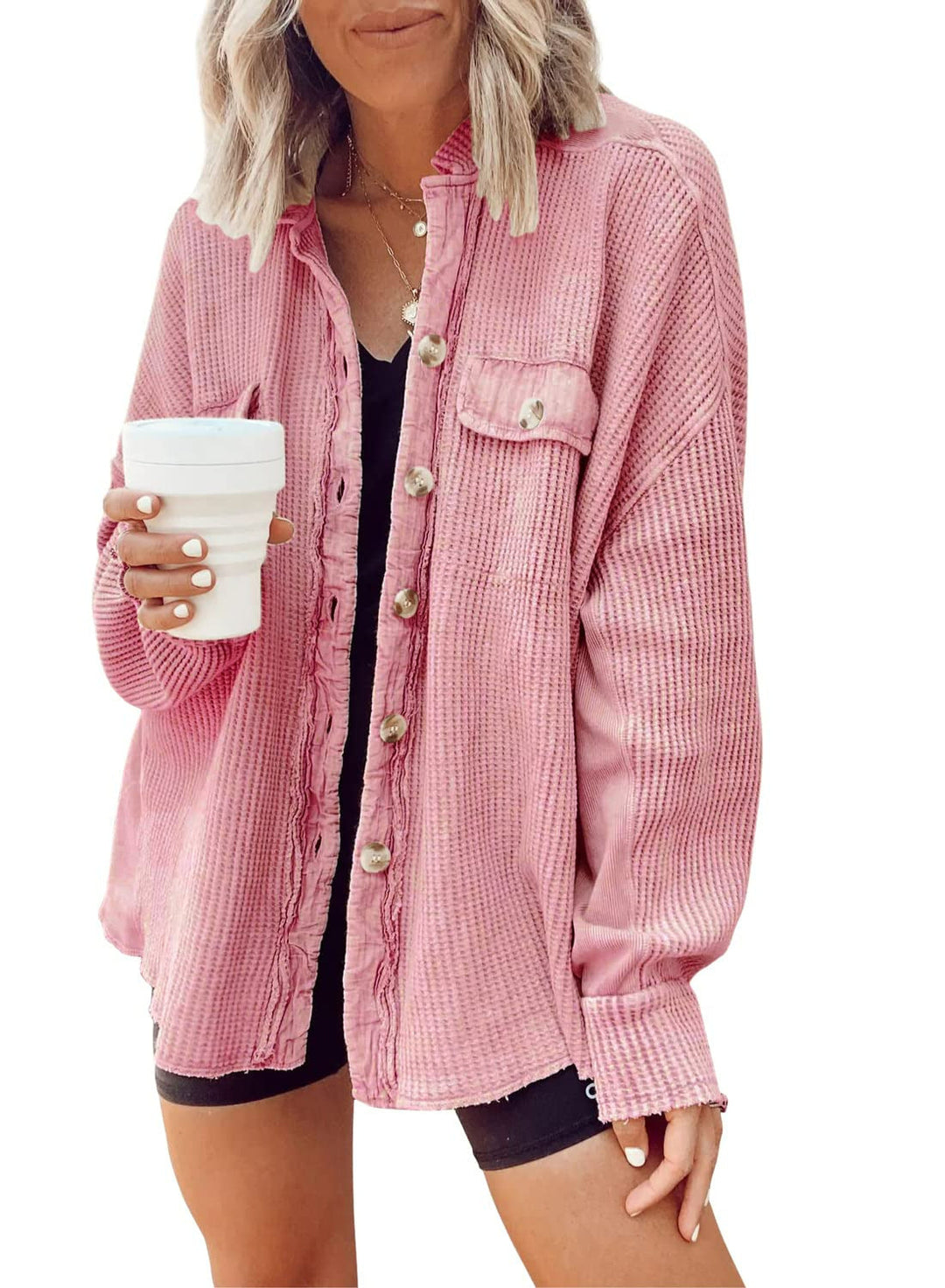 Damen Lässige Waffle-Strickjacke mit praktischen Taschen und Knopfdetails Drune