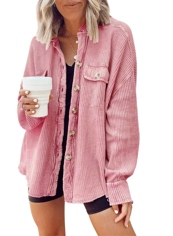 Damen Lässige Waffle-Strickjacke mit praktischen Taschen und Knopfdetails Drune