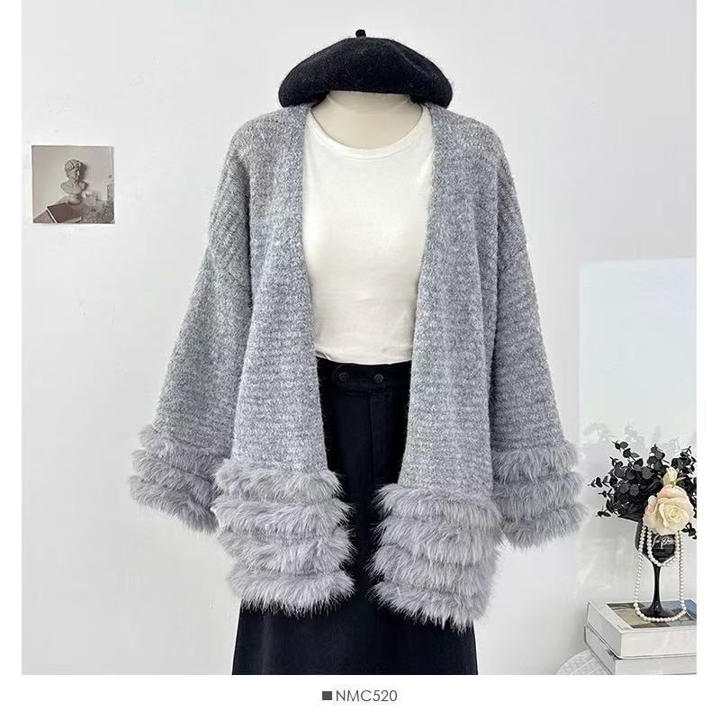 Damen Flauschiger Cardigan mit Kunstfellkragen Drune