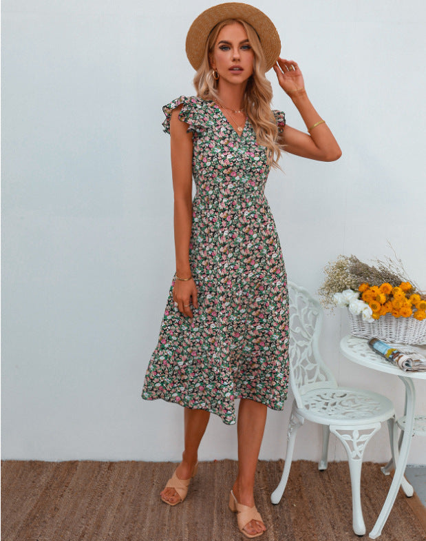 Damen A-Linien Kleid mit voluminösen Rüschenärmeln und floralen Details Drune