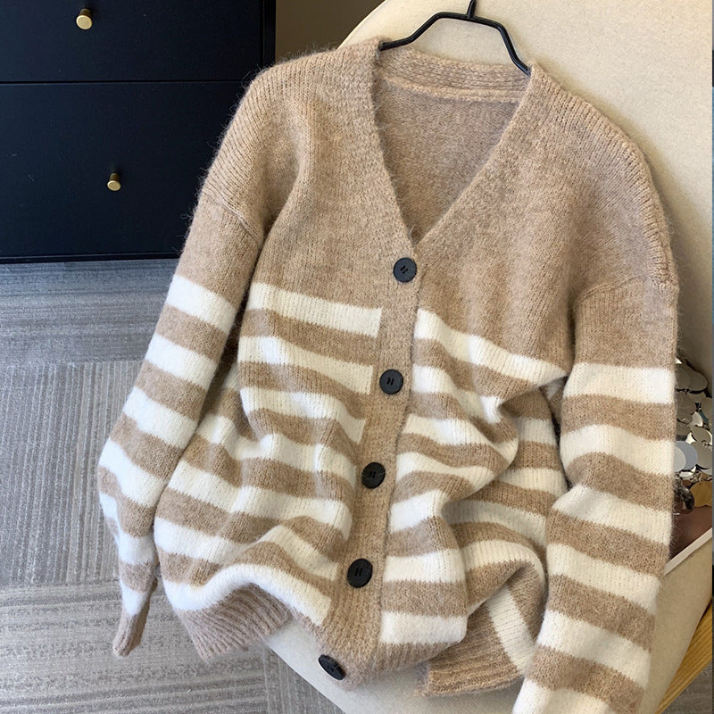 Damen Gemütlicher Strickcardigan mit V-Ausschnitt und Streifen Drune