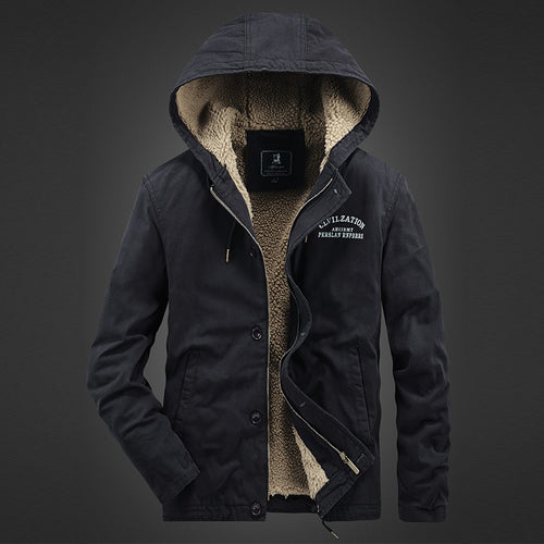 Herren Kapuzen-Canvasjacke mit durchgehendem Teddyfutter und verdeckter Druckknopfleiste Drune