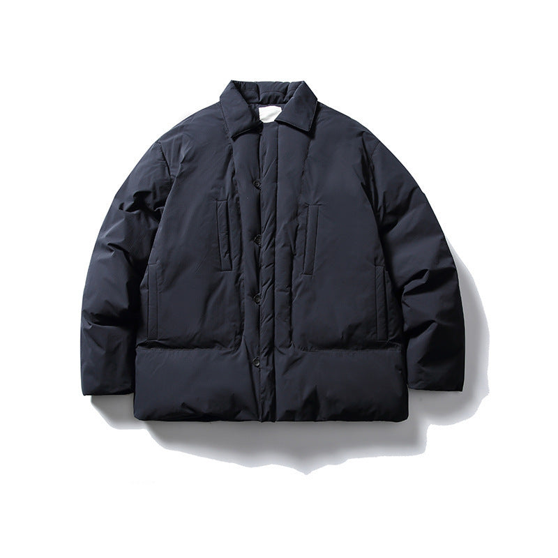 Herren Kurz geschnittene Thermo‑Pufferjacke im Boxy‑Cut mit Hemdkragen und verdeckter Druckknopfleiste Drune
