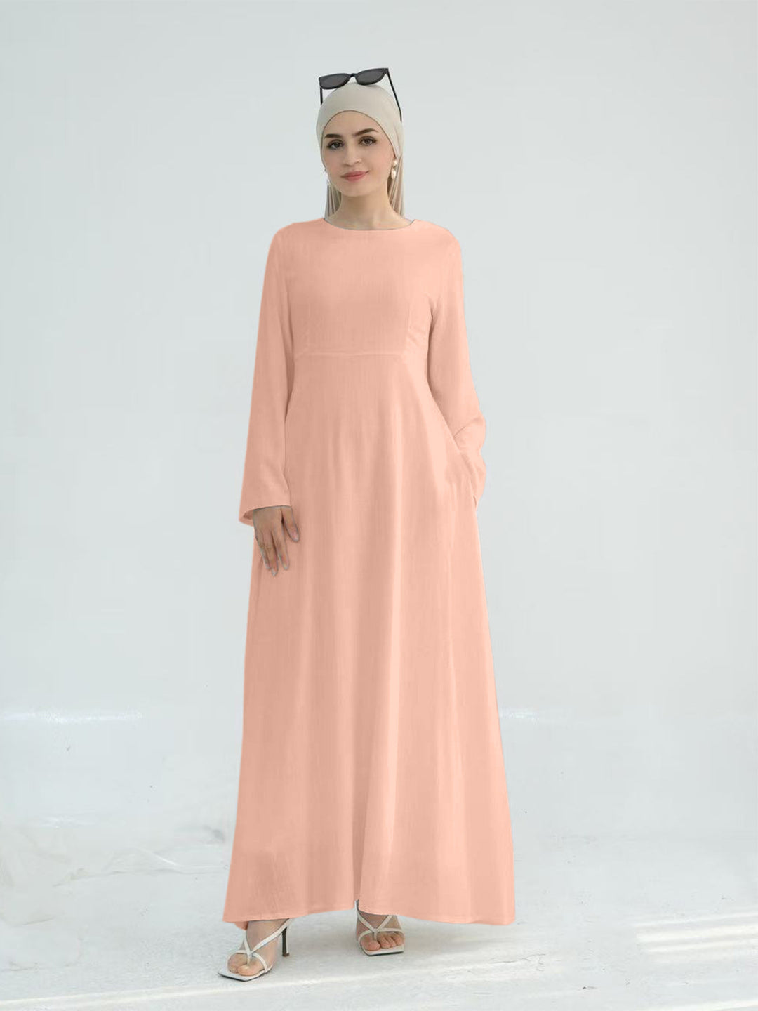 Damen elegantes Maxikleid mit langen Ärmeln und seitlichen Taschen Drune