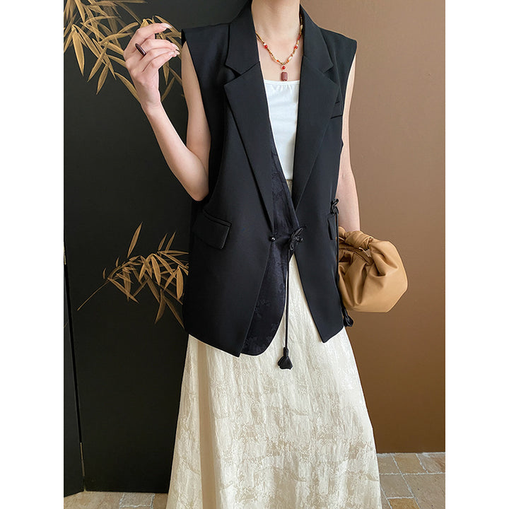 Damen elegante Weste mit Bindegürtel und stilvollen Taschen Drune