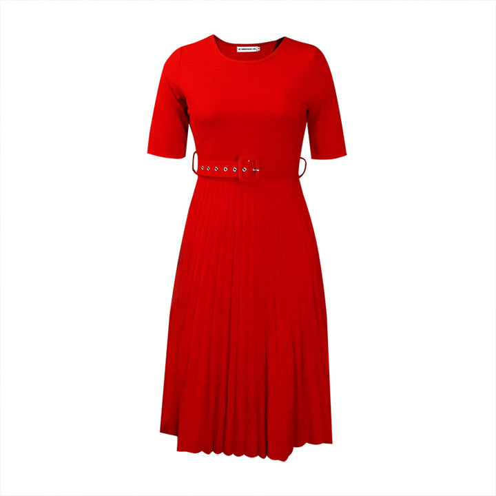 Damen Plissiertes Kleid mit Taillengürtel und kurzen Ärmeln Drune