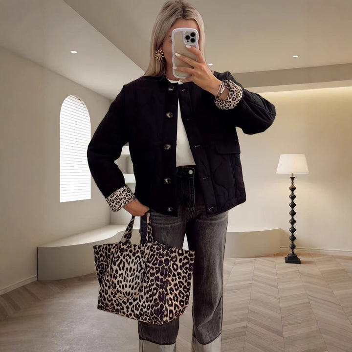 Damen gesteppte Leichtjacke mit trendigen Animal-Print-Ärmeln Drune