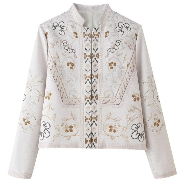Damen Feine bestickte Kurzjacke mit Stehkragen und floraler Ornament‑Stickerei Drune