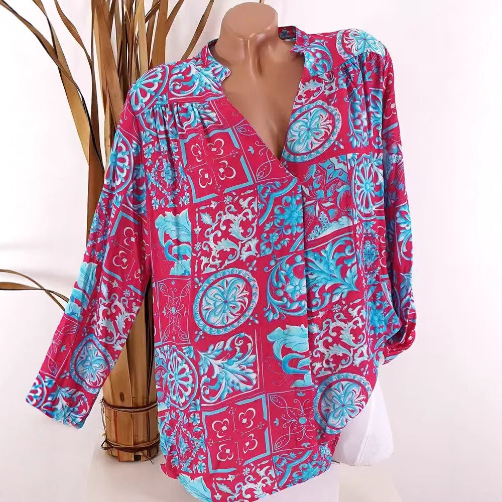 Damen nan Viskose-Tunika-Bluse mit V-Ausschnitt, Stehkragen und gerafften Schultern Drune