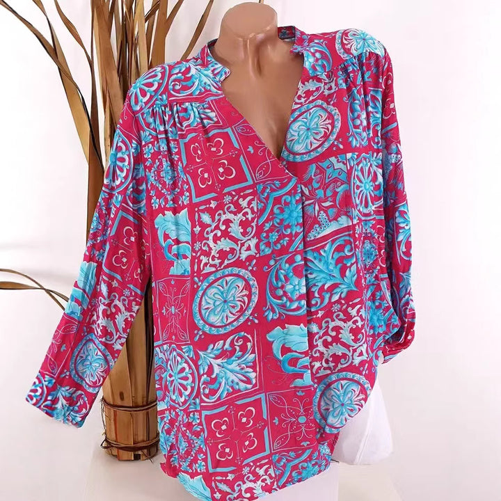 Damen nan Viskose-Tunika-Bluse mit V-Ausschnitt, Stehkragen und gerafften Schultern Drune
