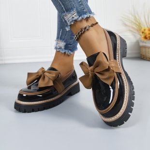 Damen Modische Lack-Loafer mit übergroßer Schleife und grober Profilsohle Drune