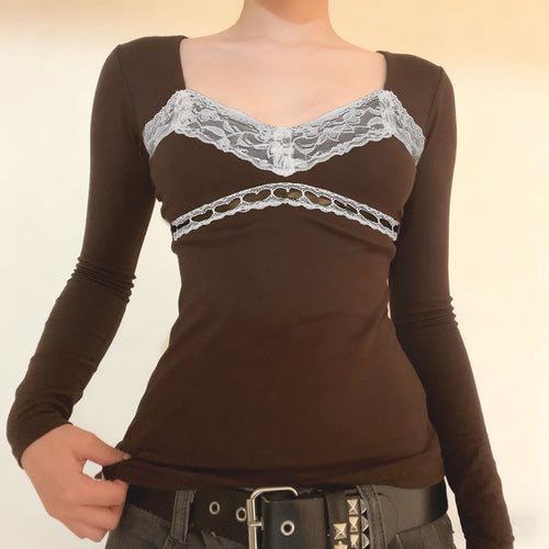 Damen Figurbetontes Langarmshirt mit integriertem Spitzen‑Bustierdetail Drune