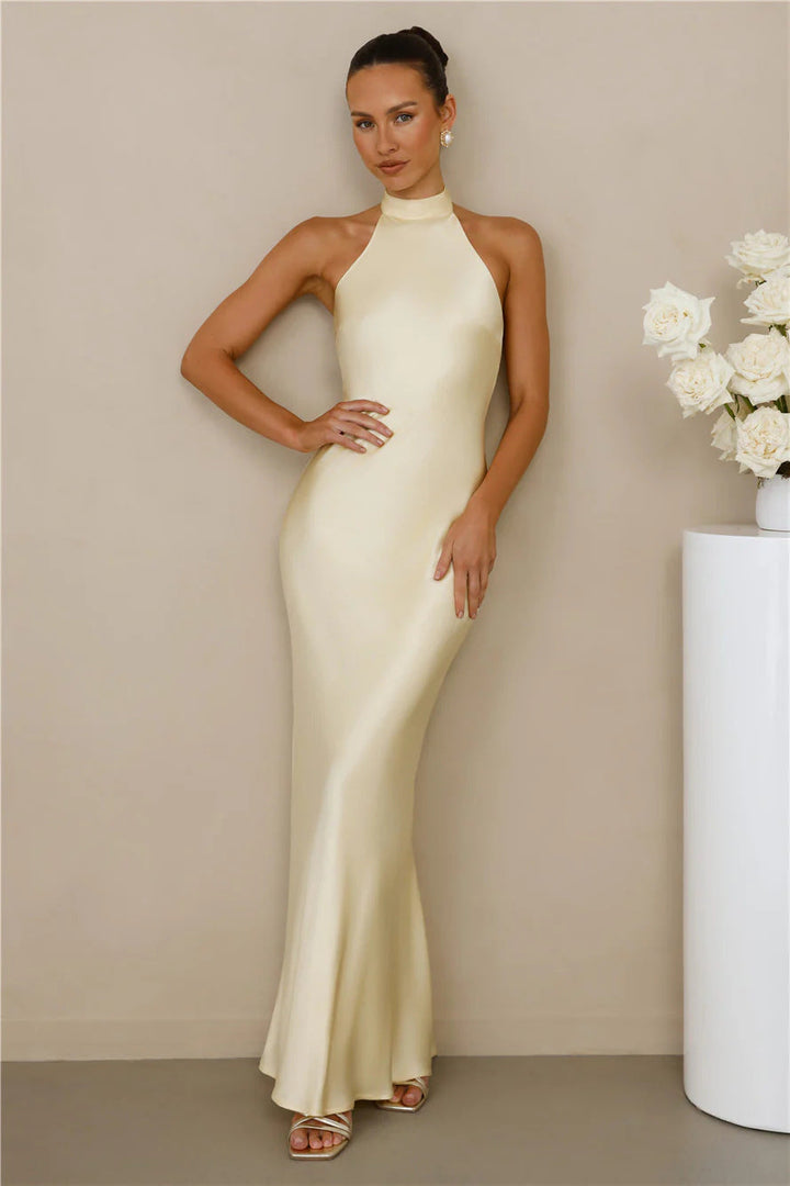 Damen Elegantes Satin-Maxikleid mit hohem Kragen und körpernahem Schnitt Drune