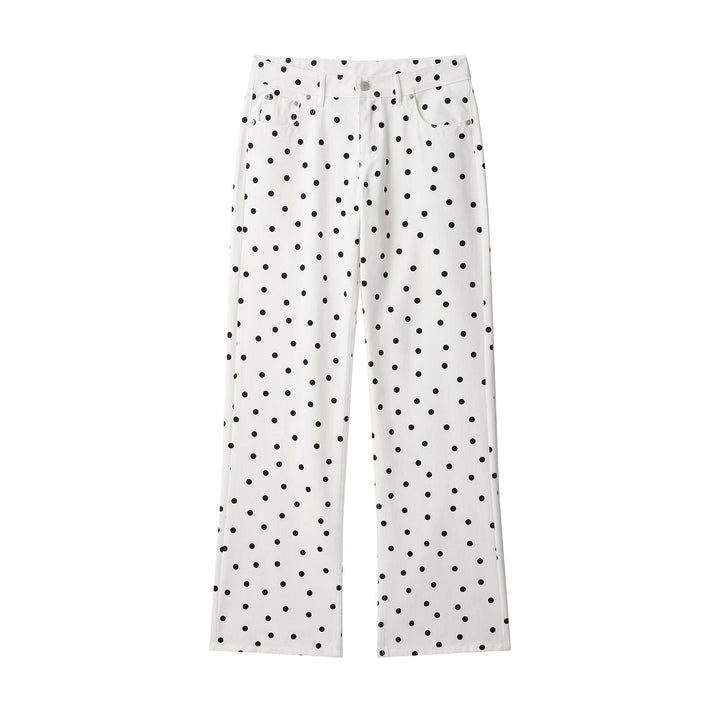 Damen Jeanshose mit weitem Bein, hohem Bund und Polka‑Dot‑Print Drune