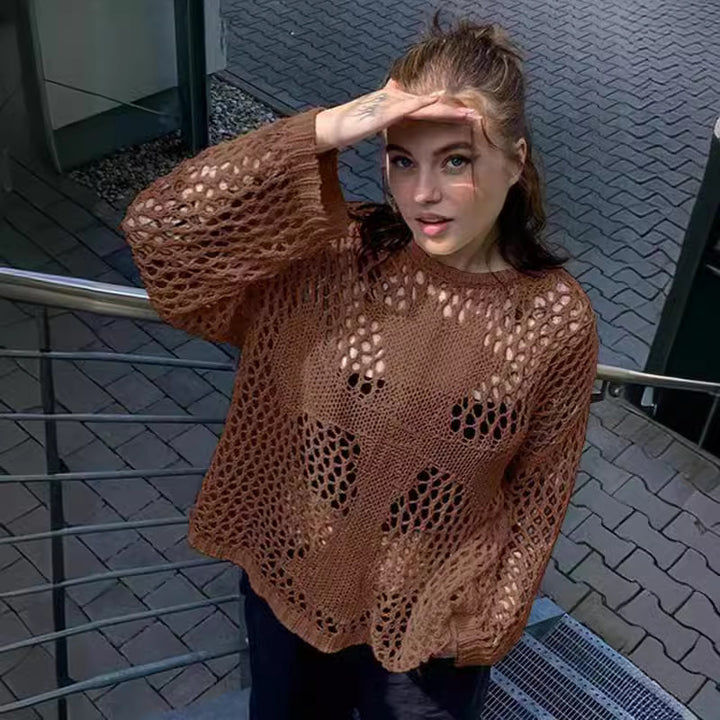 Damen luftiger Strickpullover mit offenem Netzdesign Drune