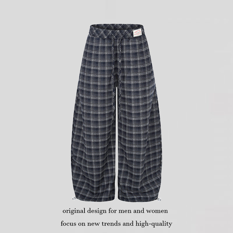 Damen Karierte Palazzo-Hose im Loungewear-Stil mit weitem Bein, elastischem Bund und Tunnelzug Drune