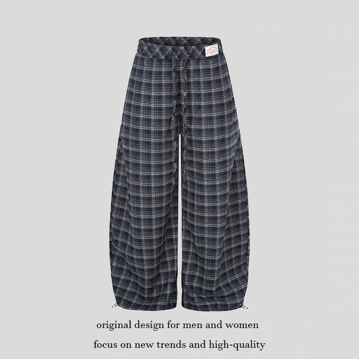 Damen Karierte Palazzo-Hose im Loungewear-Stil mit weitem Bein, elastischem Bund und Tunnelzug Drune