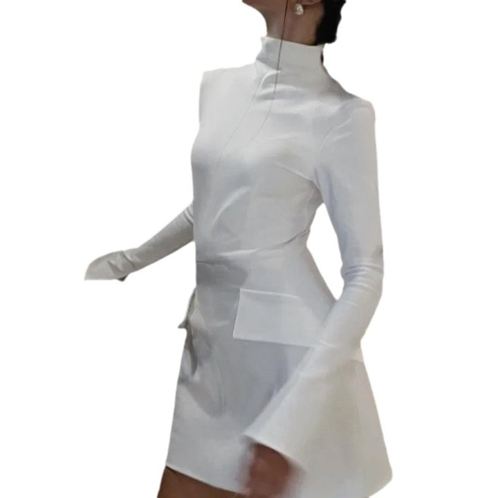 Damen Elegantes Kleid mit hohem Kragen und Taschen Drune