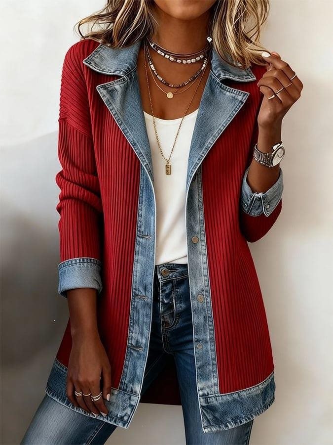 Damen Longline-Strickcardigan mit Jeanskragen und Saumbesatz Drune