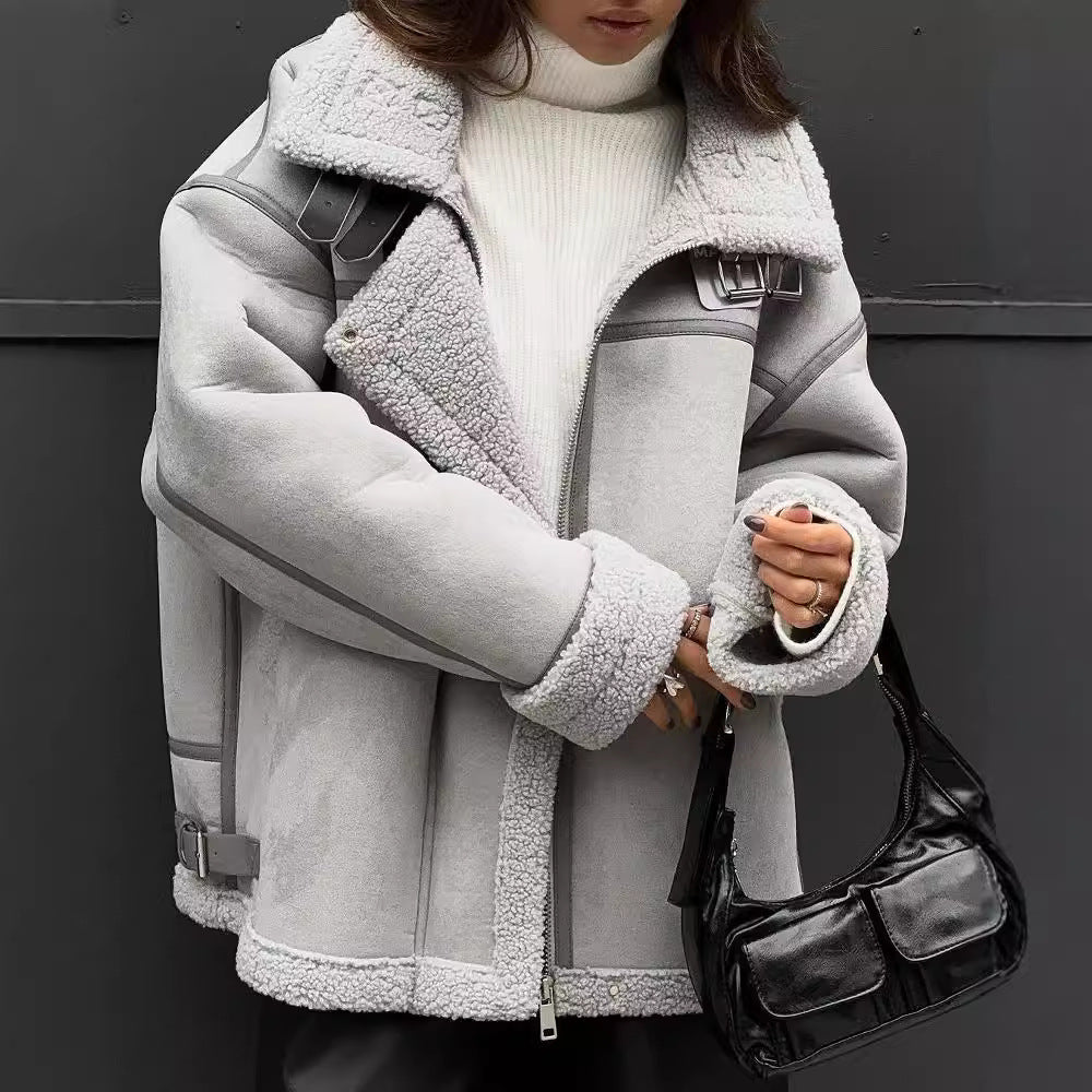 Damen Weit geschnittene Lammfellimitat-Fliegerjacke mit Kunstfellfutter Drune