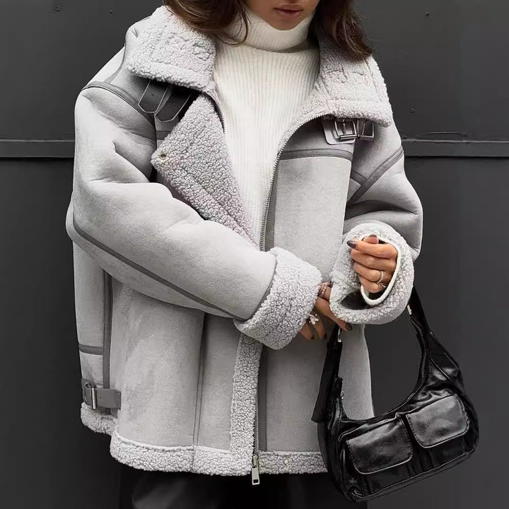 Damen Weit geschnittene Lammfellimitat-Fliegerjacke mit Kunstfellfutter Drune