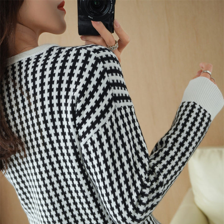 Damen Leichter Strukturstrick-Pullover mit Hahnentritt-Muster und breitem Rippbündchen Drune