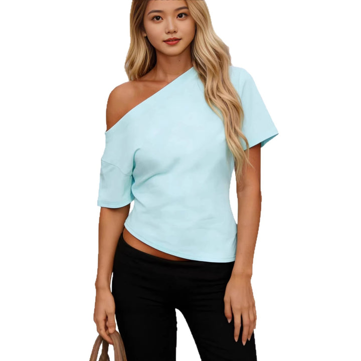 Damen asymmetrisches Oberteil mit schulterfreiem Design und kurzen Ärmeln Drune