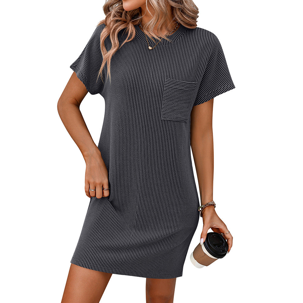 Damen lässiges Kurzarm-Kleid mit gestreiftem Design und praktischer Tasche Drune