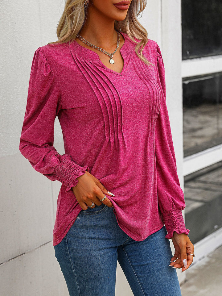 Damen nan Langarmshirt mit V-Ausschnitt, dekorativen Kellerfalten vorn und elastischen Smokbündchen Drune