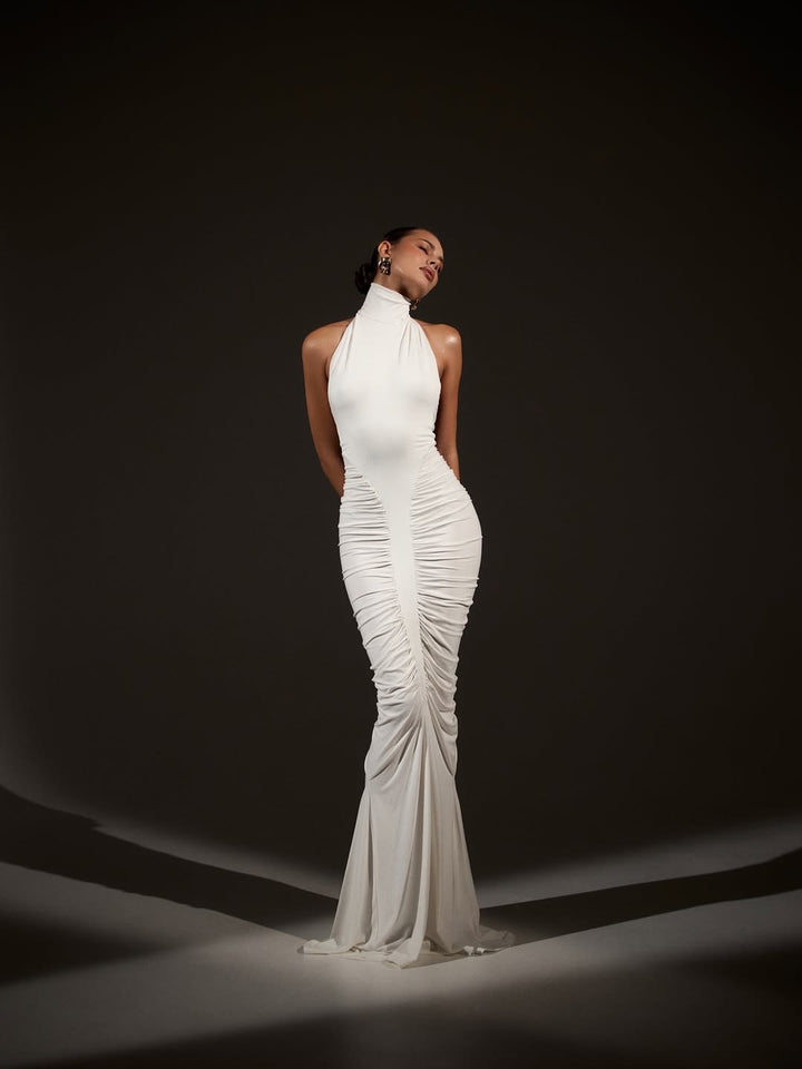 Damen Elegantes Leopardenmuster Maxikleid mit hohen Kragen und raffinierten Schnitten Drune
