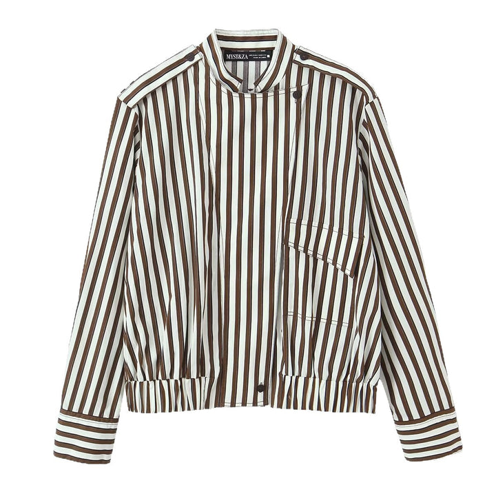 Damen Gestreifte Blouson-Hemdbluse mit Stehkragen, Schulterklappen und elastischem Saum Drune