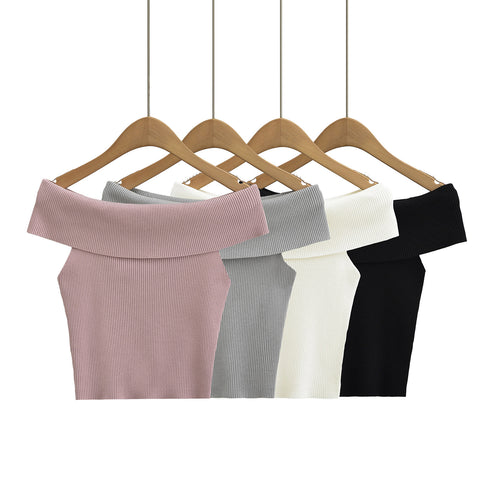 Damen Off-Shoulder Top mit breitem Kragen und strukturiertem Rippdesign Drune