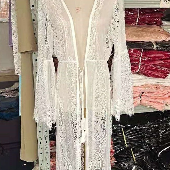 Damen langer Spitzenkimono mit weitem Ärmel und Bindegürtel Drune