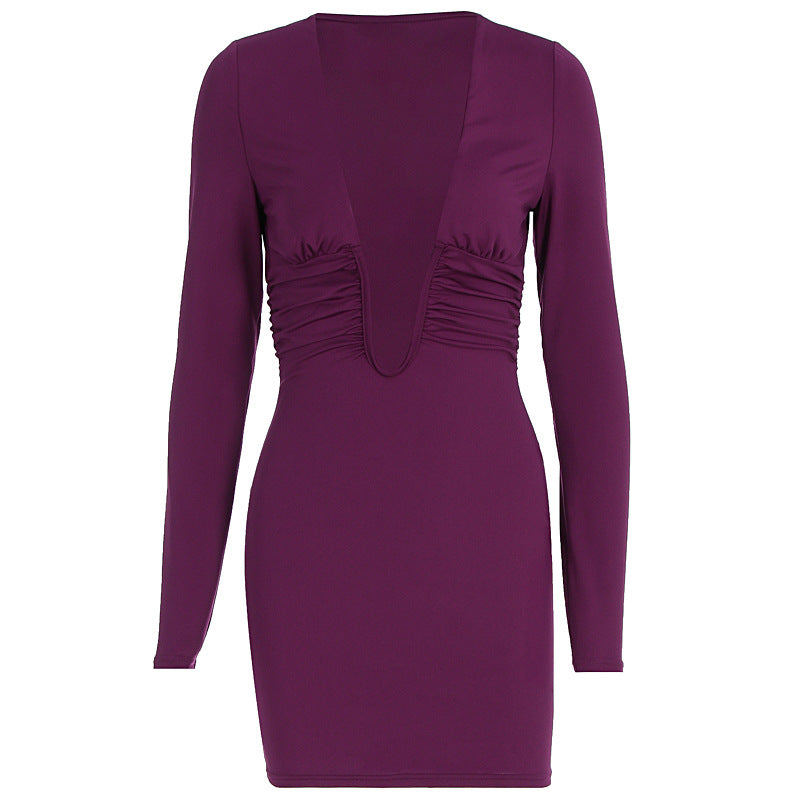 Damen Figurbetontes Minikleid mit tiefem V-Ausschnitt und modernen Rüschen Drune