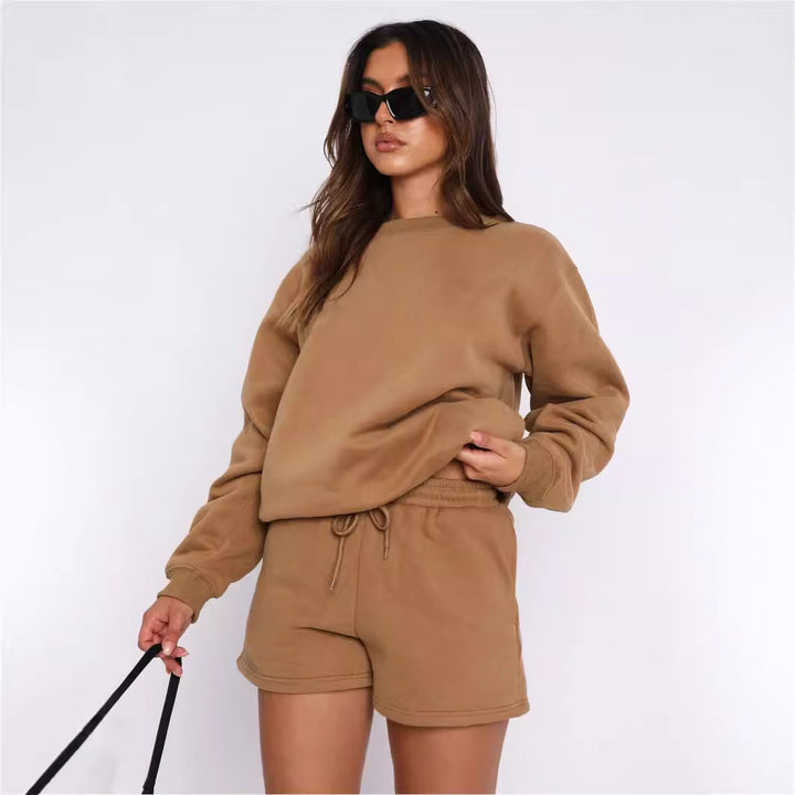 Damen lässiger Fleece-Sweater und Shorts Set Drune