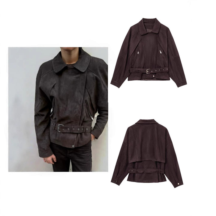 Damen Elegante Wildlederjacke mit modischen Schnallen und praktischen Taschen Drune