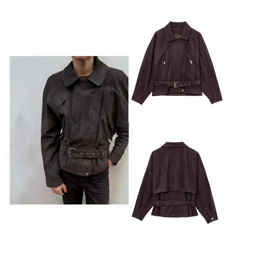 Damen Elegante Wildlederjacke mit modischen Schnallen und praktischen Taschen Drune