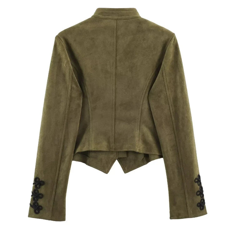 Damen Kurz geschnittene Wildlederjacke im Military‑Look mit Stehkragen und dekorativer Kordelfrosch‑Applikation Drune