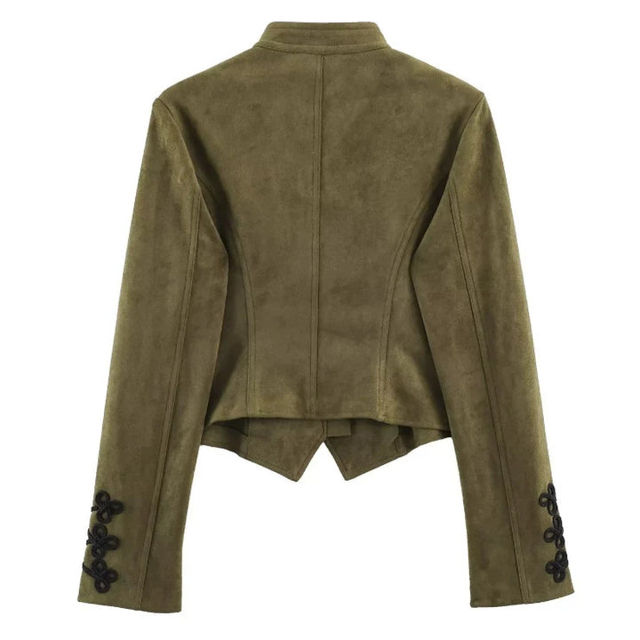 Damen Kurz geschnittene Wildlederjacke im Military‑Look mit Stehkragen und dekorativer Kordelfrosch‑Applikation Drune