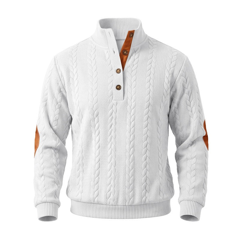 Herren Edler Zopfmuster-Strickpullover mit Kurzknopfleiste und Ellenbogenpatches Drune