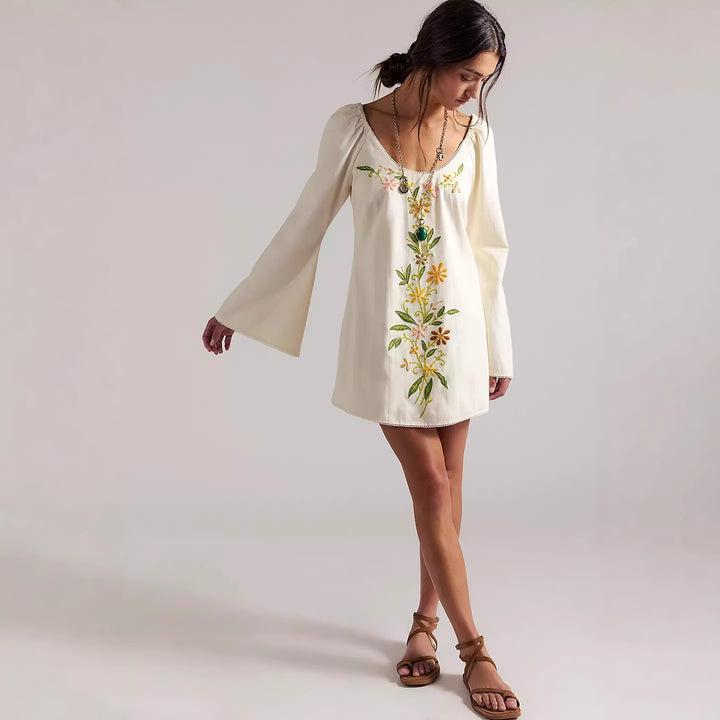 Damen Blusenkleid mit floralen Stickereien und weit ausgestellten Ärmeln Drune
