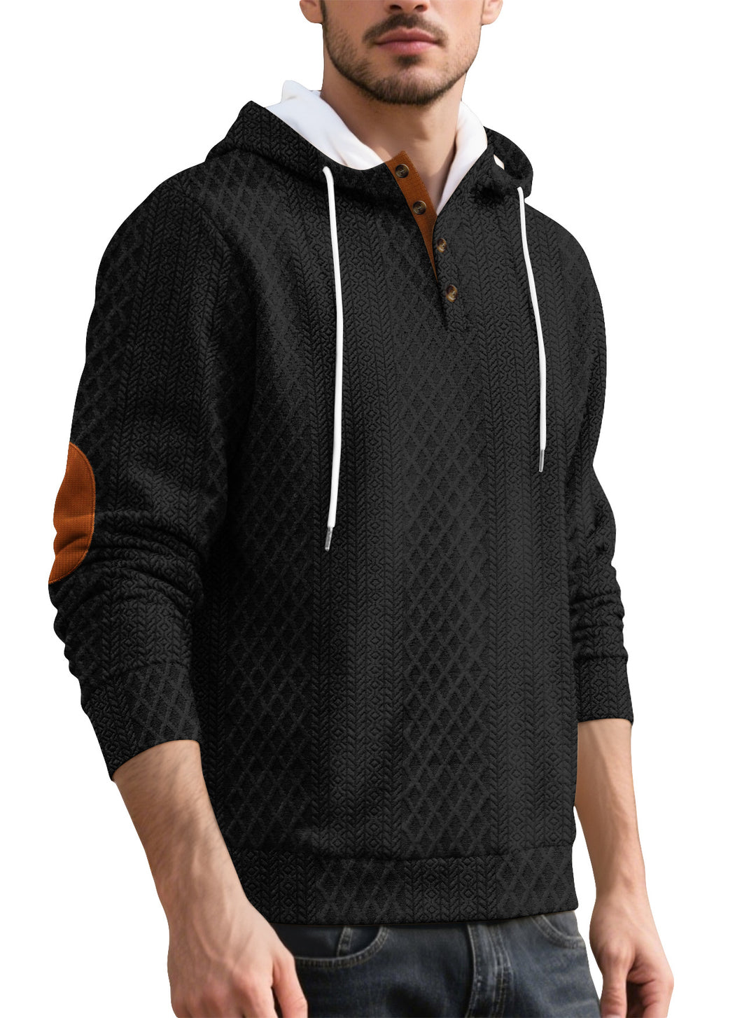 Herren nan Diamond-Struktur Kapuzenpullover mit Kurzknopfleiste, gesteppter Kapuzeninnenkante und Wildleder-Ellbogenpatch Drune