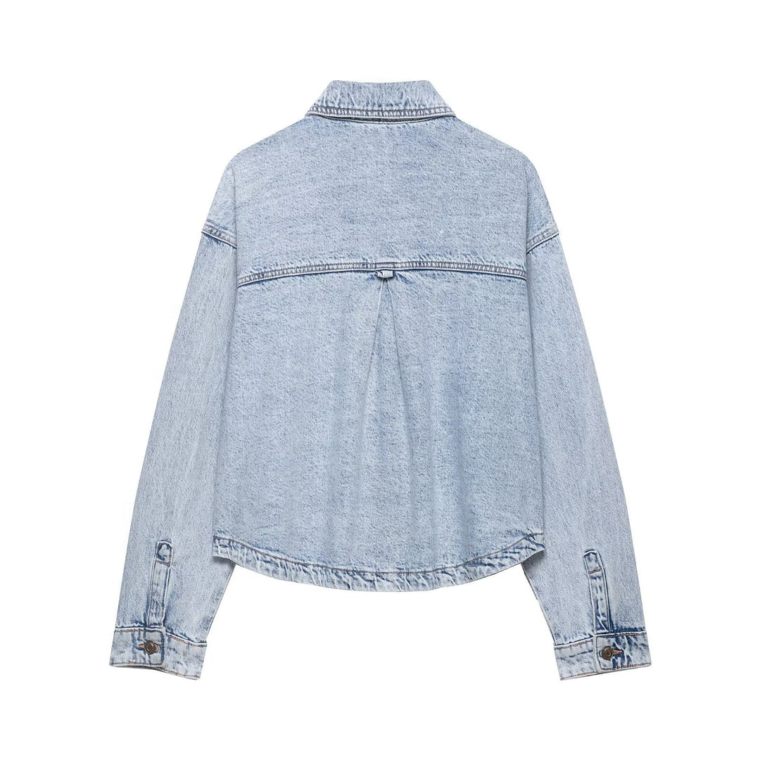 Damen Boxy Cropped Denim-Workerjacke mit großen aufgesetzten Fronttaschen Drune