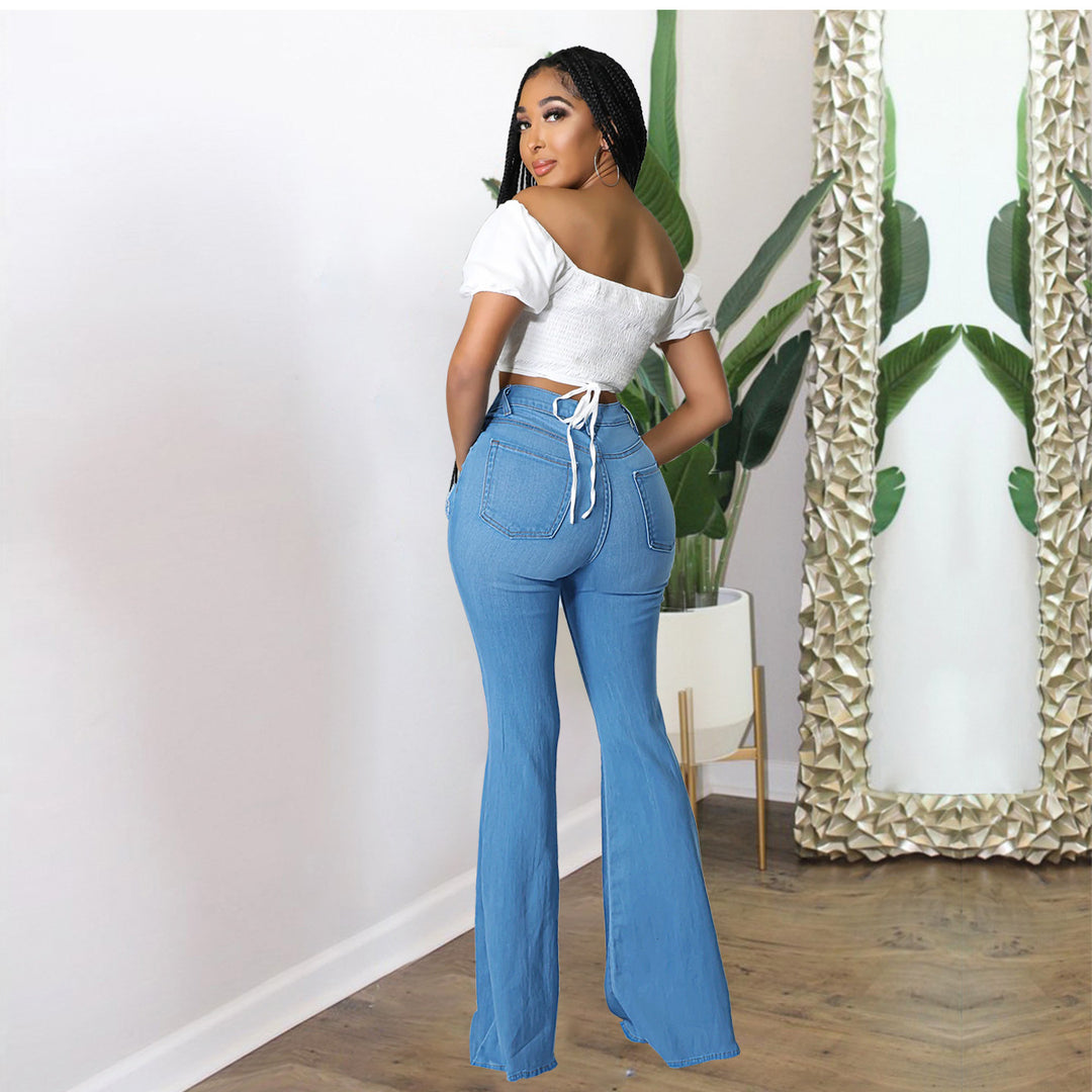 Damen Hochtaillierte Schlaghose aus Stretch‑Denim mit Knieausrissen und formendem Bund Drune