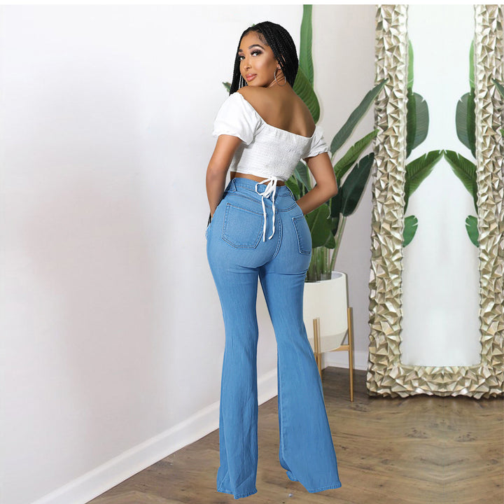 Damen Hochtaillierte Schlaghose aus Stretch‑Denim mit Knieausrissen und formendem Bund Drune