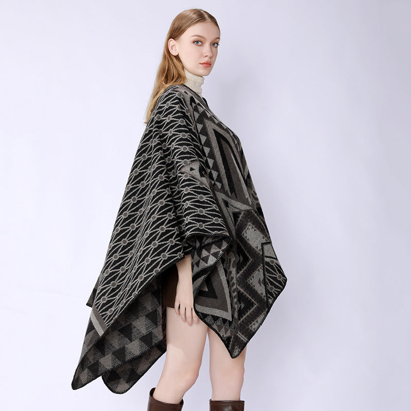Damen Strukturiertes Jacquard-Poncho-Überwurf mit grafischem Ethno-Muster und offenem Kimono-Fall Drune