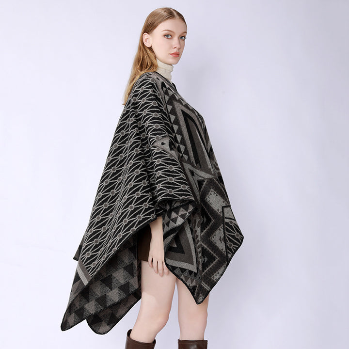 Damen Strukturiertes Jacquard-Poncho-Überwurf mit grafischem Ethno-Muster und offenem Kimono-Fall Drune