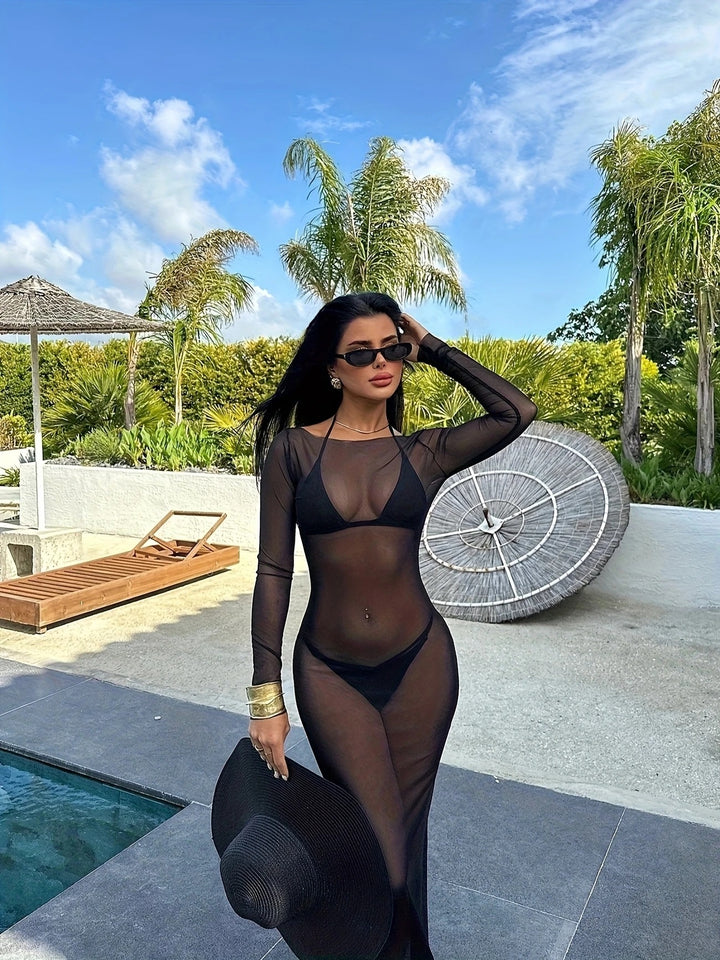 Damen Transparente Strandrobe mit langen Ärmeln und schickem Schnitt Drune